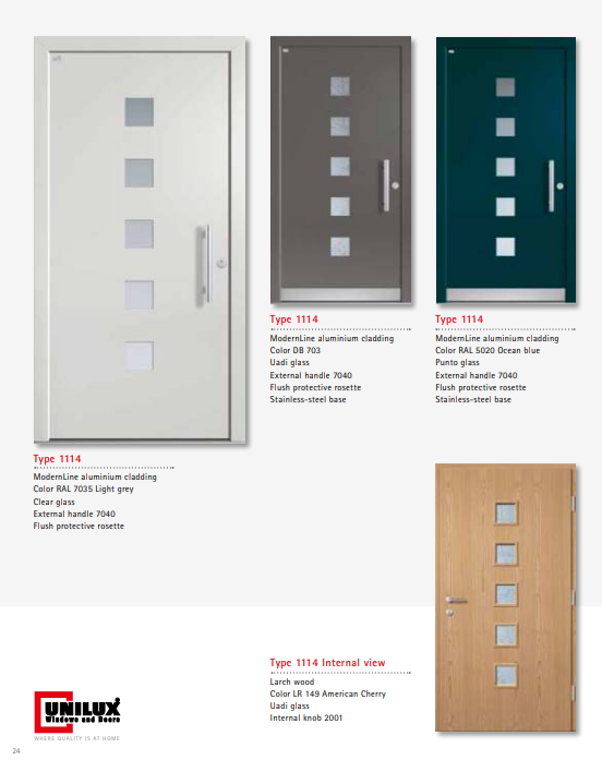 Type 1114 ModernLine – Ocean Blue Uadi Glass ModernLine Entry Door, Aluminium Wood Hybrid, Flush Protective Rosette, Custom Handle, Top European Quality, Double/Single Leaf Option